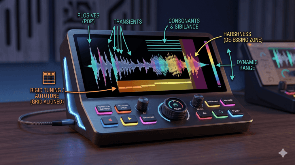 An AI Generated Vocal Waveform Highlighting Common Audio Issues